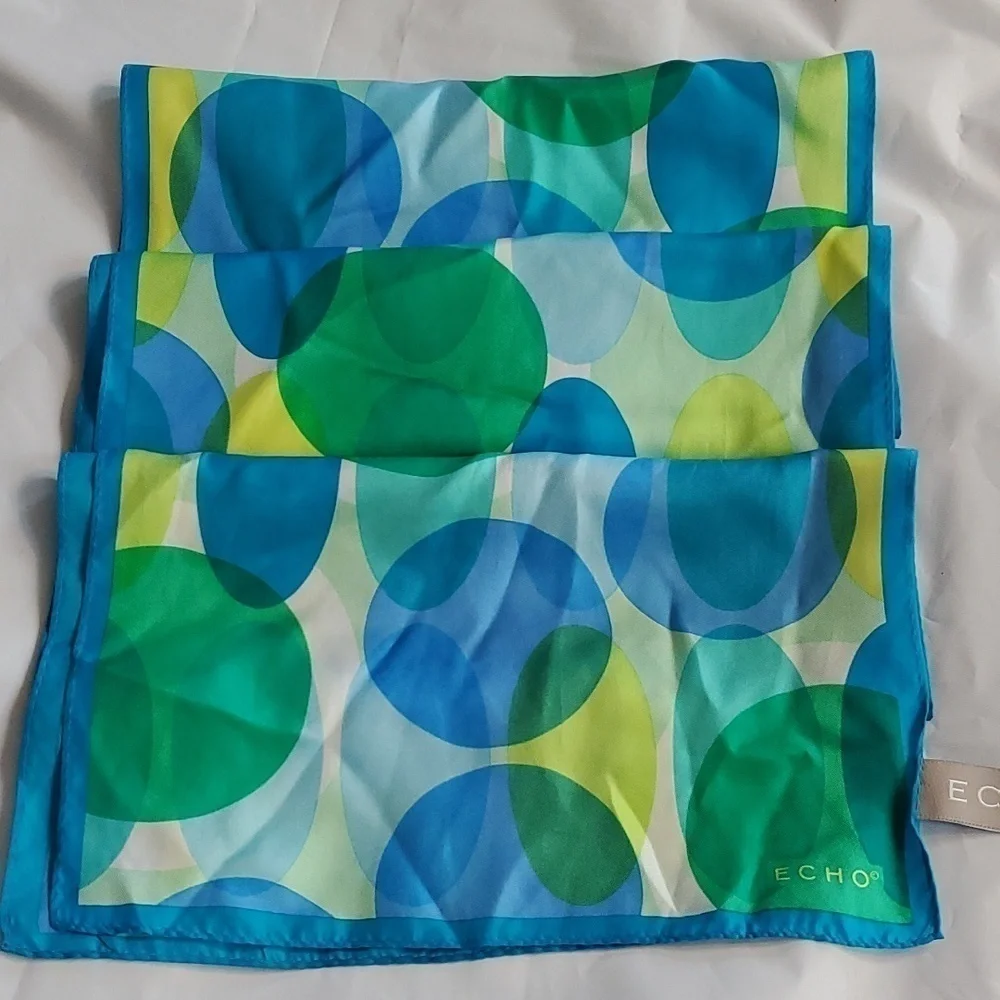 Echo- Womens Geometric Circles Silk Scarf Blues, Greens,White, Yellows 11 X 59